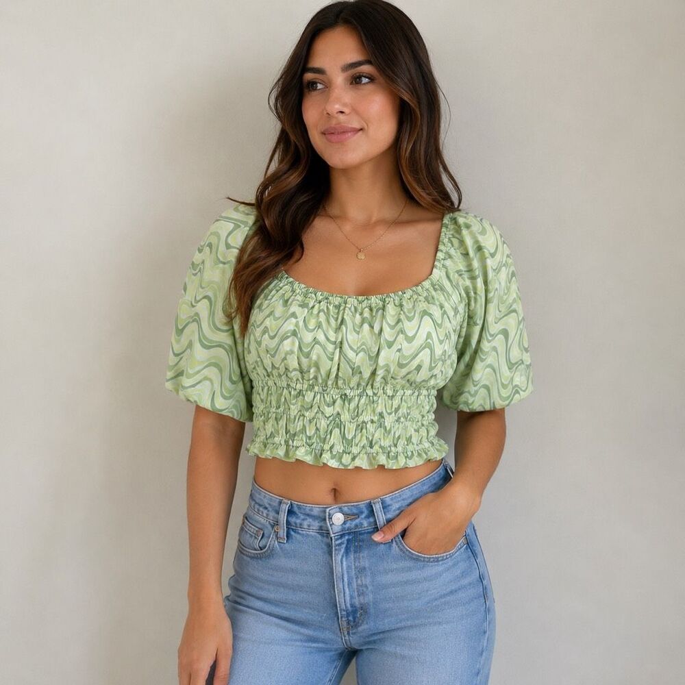 Hollister Green Wavy Smocked Top Peasant Blouse Medium Women